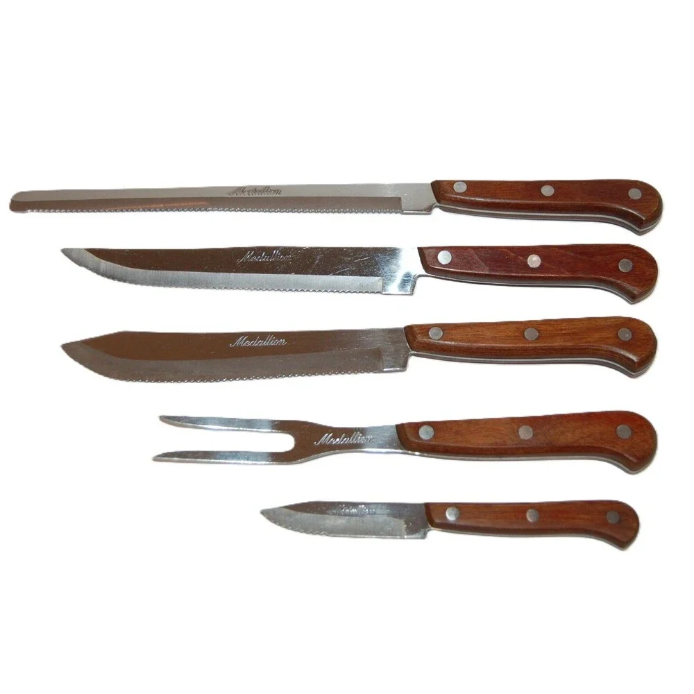 VINTAGE MEDALLION STAINLESS JAPAN KINFE FORK SET OF 5 BROWN WOOD HANDLE 3 RIVETS
